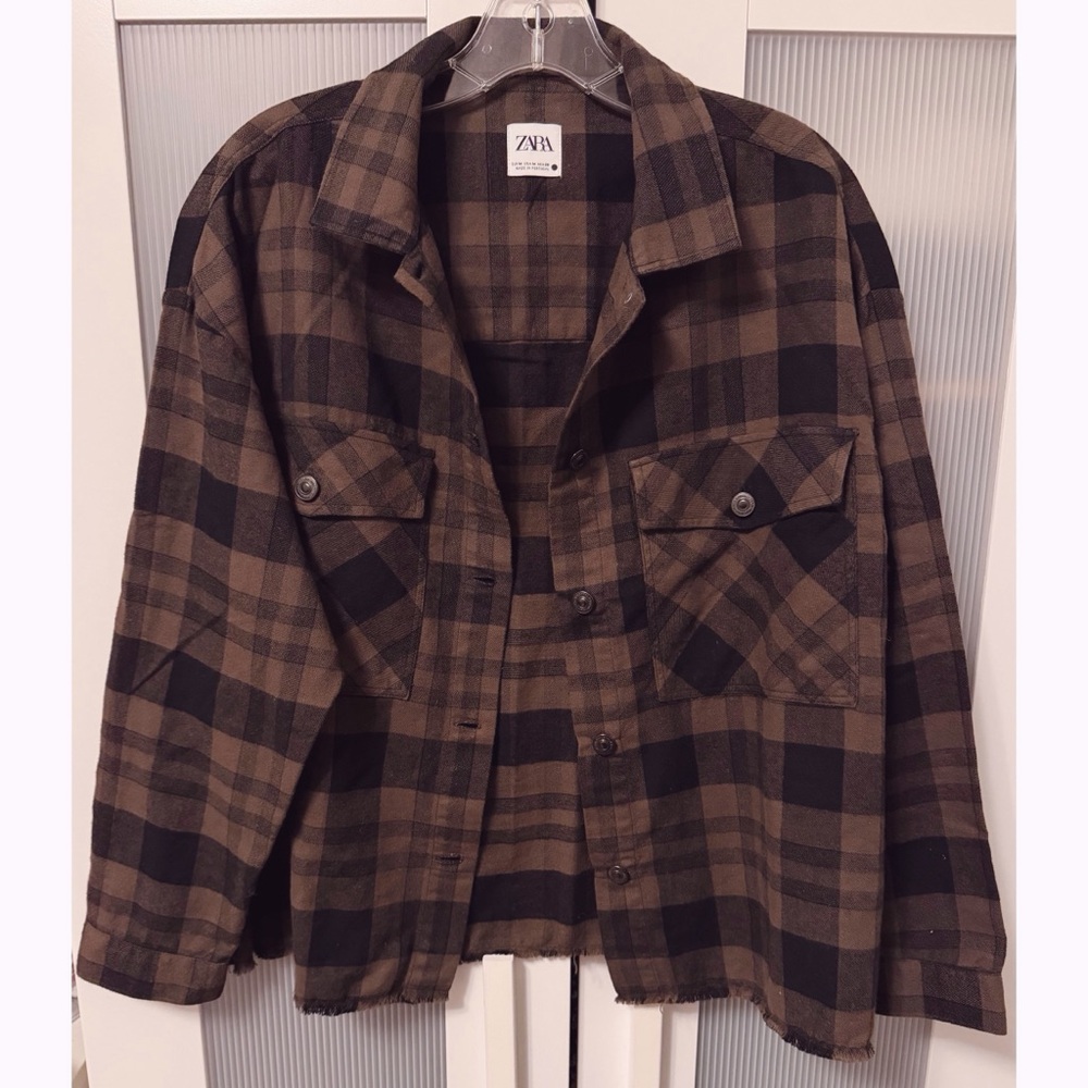 Zara Checkered Olive Green Cropped Boxy Shirt